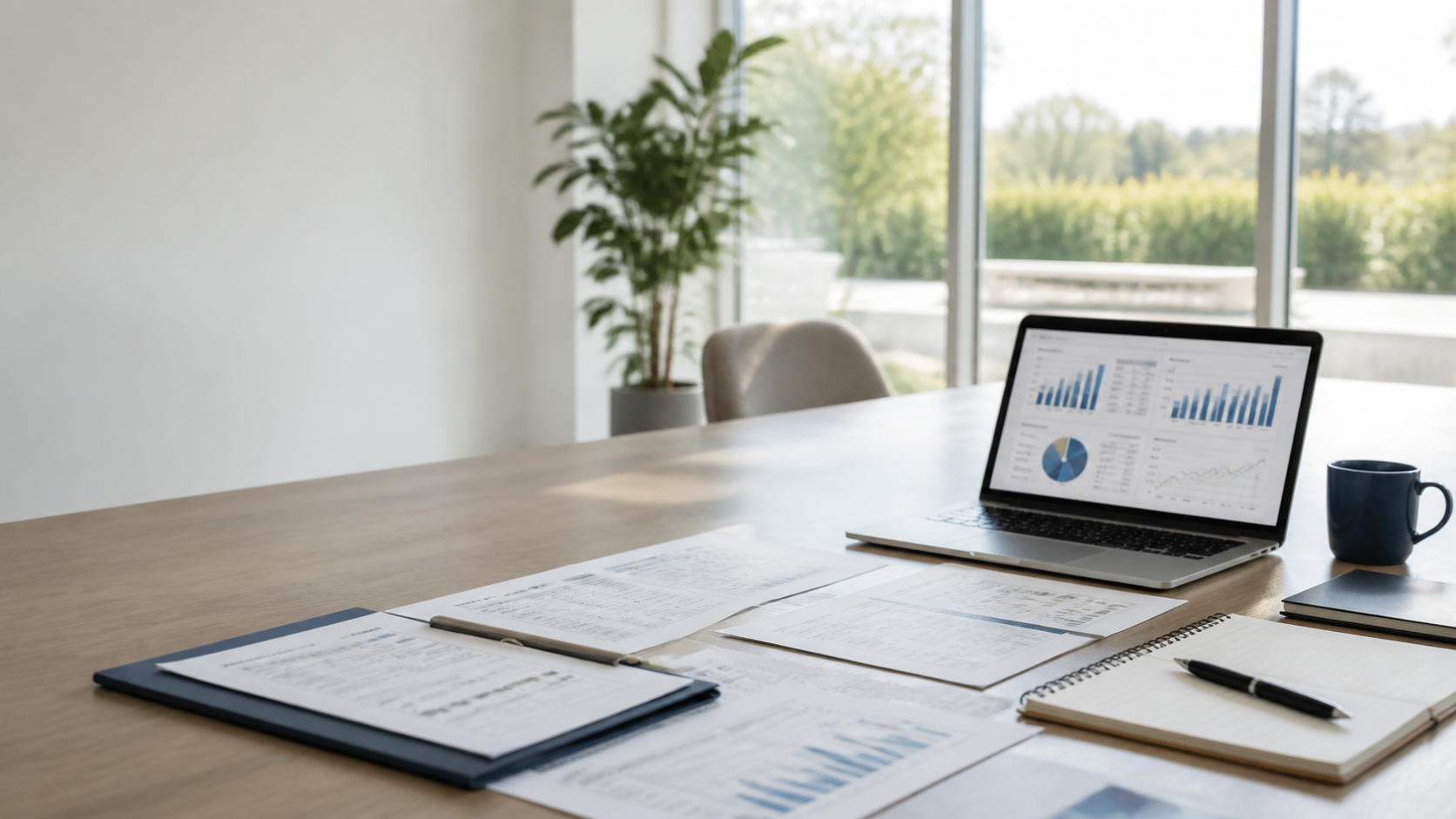 A professional desk with franchise evaluation papers and business charts